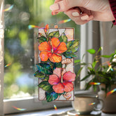 Hibiscus Acrylic Suncatcher, Tropical Flower Window Hanging with Red and Pink Blooms, Bright Boho Nature Garden Home Decor Gift