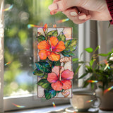Hibiscus Acrylic Suncatcher, Tropical Flower Window Hanging with Red and Pink Blooms, Bright Boho Nature Garden Home Decor Gift