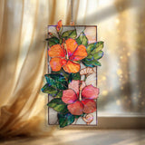 Hibiscus Acrylic Suncatcher, Tropical Flower Window Hanging with Red and Pink Blooms, Bright Boho Nature Garden Home Decor Gift
