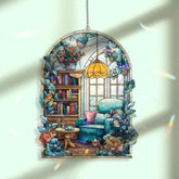Reading Nook Acrylic Suncatcher, Cozy Chair and Bookshelf Window Hanging with Flowers and Lamp, Cottagecore Home Decor Gift