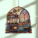 Kitchen Acrylic Suncatcher, Cozy Stove and Window Hanging with Plants, Teapot and Table, Cottage Home Decor Gift