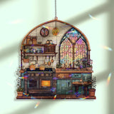 Kitchen Acrylic Suncatcher, Cozy Stove and Window Hanging with Plants, Teapot and Table, Cottage Home Decor Gift