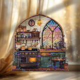 Kitchen Acrylic Suncatcher, Cozy Stove and Window Hanging with Plants, Teapot and Table, Cottage Home Decor Gift