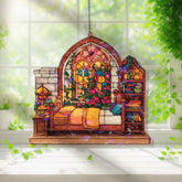 Bedroom Acrylic Suncatcher, Cozy Bed and Bookshelf Window Hanging with Flowers and Lamp, Cottagecore Home Decor Gift