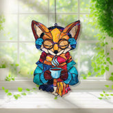 Fox Acrylic Suncatcher, Cute Winter Animal Window Hanging with Glasses, Scarf and Coffee Cup, Cozy Woodland Home Decor Gift