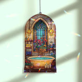 Bathroom Acrylic Suncatcher, Relaxing Spa Tub Window Hanging with Flowers, Candles and Lanterns, Cozy Home Gift