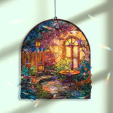 Garden Acrylic Suncatcher, Cozy Patio Window Hanging with Flowers, Lanterns and Table, Cottage Outdoor Scene Home Decor Gift