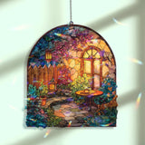 Garden Acrylic Suncatcher, Cozy Patio Window Hanging with Flowers, Lanterns and Table, Cottage Outdoor Scene Home Decor Gift