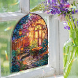 Garden Acrylic Suncatcher, Cozy Patio Window Hanging with Flowers, Lanterns and Table, Cottage Outdoor Scene Home Decor Gift