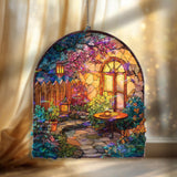 Garden Acrylic Suncatcher, Cozy Patio Window Hanging with Flowers, Lanterns and Table, Cottage Outdoor Scene Home Decor Gift