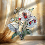 White Flower Ladybug Acrylic Suncatcher, Stained Glass Style Window Hanging with Blooming Petals and Red Insects, Nature Home Decor