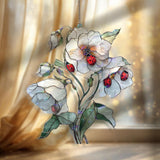 White Flower Ladybug Acrylic Suncatcher, Stained Glass Style Window Hanging with Blooming Petals and Red Insects, Nature Home Decor