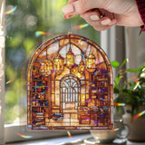 Library Acrylic Suncatcher, Stained Glass Style Arched Window Panel with Bookshelves, Desk and Lanterns, Cozy Book Lover Home Decor