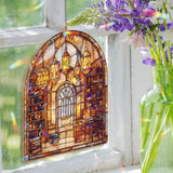 Library Acrylic Suncatcher, Stained Glass Style Arched Window Panel with Bookshelves, Desk and Lanterns, Cozy Book Lover Home Decor