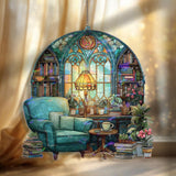 Reading Nook Acrylic Suncatcher, Stained Glass Style Arched Window Panel with Chair, Lamp, Books and Plants, Cozy Book Lover Home Decor