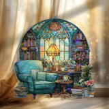 Reading Nook Acrylic Suncatcher, Stained Glass Style Arched Window Panel with Chair, Lamp, Books and Plants, Cozy Book Lover Home Decor