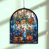 Hanging Plants Acrylic Suncatcher, Stained Glass Style Arched Window Panel with Colorful Flowers and Pots, Botanical Garden Home Decor