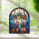 Hanging Plants Acrylic Suncatcher, Stained Glass Style Arched Window Panel with Colorful Flowers and Pots, Botanical Garden Home Decor