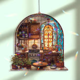Rustic Kitchen Acrylic Suncatcher, Stained Glass Style Arched Window Panel with Stove, Plants, Pots and Cozy Home Cooking Decor