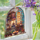 Rustic Kitchen Acrylic Suncatcher, Stained Glass Style Arched Window Panel with Stove, Plants, Pots and Cozy Home Cooking Decor