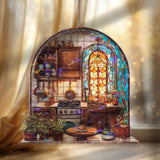 Rustic Kitchen Acrylic Suncatcher, Stained Glass Style Arched Window Panel with Stove, Plants, Pots and Cozy Home Cooking Decor