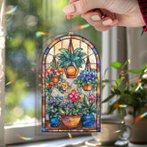 Floral Pot Acrylic Suncatcher, Stained Glass Style Arched Window Panel with Hanging Plants, Colorful Flowers and Leaves, Garden Home Decor