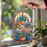 Floral Pot Acrylic Suncatcher, Stained Glass Style Arched Window Panel with Hanging Plants, Colorful Flowers and Leaves, Garden Home Decor