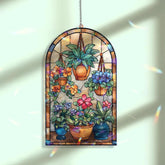 Floral Pot Acrylic Suncatcher, Stained Glass Style Arched Window Panel with Hanging Plants, Colorful Flowers and Leaves, Garden Home Decor
