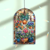 Floral Pot Acrylic Suncatcher, Stained Glass Style Arched Window Panel with Hanging Plants, Colorful Flowers and Leaves, Garden Home Decor