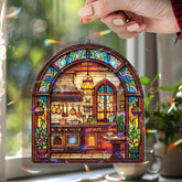 Kitchen Acrylic Suncatcher, Stained Glass Style Arched Window Panel with Stove, Pots, Plants and Cozy Rustic Decor, Cottage Home Accent