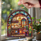 Kitchen Acrylic Suncatcher, Stained Glass Style Arched Window Panel with Stove, Pots, Plants and Cozy Rustic Decor, Cottage Home Accent