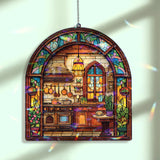 Kitchen Acrylic Suncatcher, Stained Glass Style Arched Window Panel with Stove, Pots, Plants and Cozy Rustic Decor, Cottage Home Accent