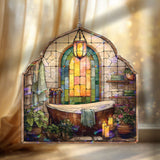 Rustic Bathroom Acrylic Suncatcher, Stained Glass Style Window Panel with Wooden Tub, Candles, Towels and Plants, Cozy Spa Home Decor