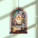 Bathroom Acrylic Suncatcher, Stained Glass Style Arched Window Panel with Bathtub, Candles, Plants and Lantern, Cozy Spa Home Decor