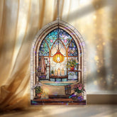 Bathroom Acrylic Suncatcher, Stained Glass Style Arched Window Panel with Bathtub, Candles, Plants and Lantern, Cozy Spa Home Decor