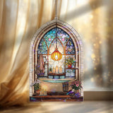 Bathroom Acrylic Suncatcher, Stained Glass Style Arched Window Panel with Bathtub, Candles, Plants and Lantern, Cozy Spa Home Decor