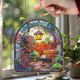 Garden Bench Acrylic Suncatcher, Stained Glass Style Arched Window Panel with Lantern, Flowers and Tea Cup, Cozy Cottage Home Decor