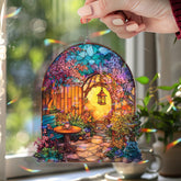 Garden Gate Acrylic Suncatcher, Stained Glass Style Arched Window Panel with Lantern, Blossoms, Bench and Table, Cottagecore Home Decor