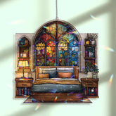 Bedroom Acrylic Suncatcher, Stained Glass Style Arched Floral Window Panel with Bed, Bookshelves and Plants, Cozy Home Decor Gift