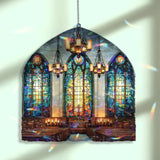 Church Interior Acrylic Suncatcher, Stained Glass Style Window Panel with Cross, Chandeliers and Pews, Christian Religious Home Decor