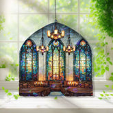Church Interior Acrylic Suncatcher, Stained Glass Style Window Panel with Cross, Chandeliers and Pews, Christian Religious Home Decor