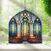 Church Interior Acrylic Suncatcher, Stained Glass Style Window Panel with Cross, Chandeliers and Pews, Christian Religious Home Decor