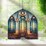 Church Interior Acrylic Suncatcher, Stained Glass Style Window Panel with Cross, Chandeliers and Pews, Christian Religious Home Decor