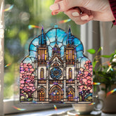 Cathedral Acrylic Suncatcher, Stained Glass Style Church Window Panel with Blue Sky and Pink Blossoms, Christian Religious Home Decor