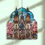 Cathedral Acrylic Suncatcher, Stained Glass Style Church Window Panel with Blue Sky and Pink Blossoms, Christian Religious Home Decor