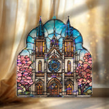 Cathedral Acrylic Suncatcher, Stained Glass Style Church Window Panel with Blue Sky and Pink Blossoms, Christian Religious Home Decor