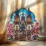 Cathedral Acrylic Suncatcher, Stained Glass Style Church Window Panel with Blue Sky and Pink Blossoms, Christian Religious Home Decor