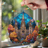 Cathedral Acrylic Suncatcher, Stained Glass Style Gothic Church Window Panel with Autumn Trees and Blue Sky, Religious Home Decor Gift