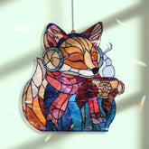 Cozy Fox Acrylic Suncatcher, Stained Glass Style Woodland Animal with Scarf and Hot Cocoa, Winter Window Hanging Home Decor Gift