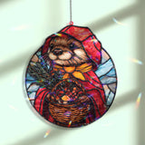 Otter in Red Hood Acrylic Suncatcher, Stained Glass Style Woodland Animal Window Hanging with Basket, Fairy Tale Inspired Home Decor
